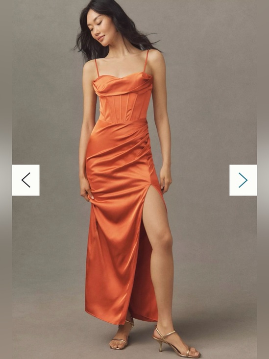 Mac Duggal Dresses & Skirts - NWT Mac Duggal Sweetheart Bustier Ruched Satin Side-Slit Gown in Burnt Orange.